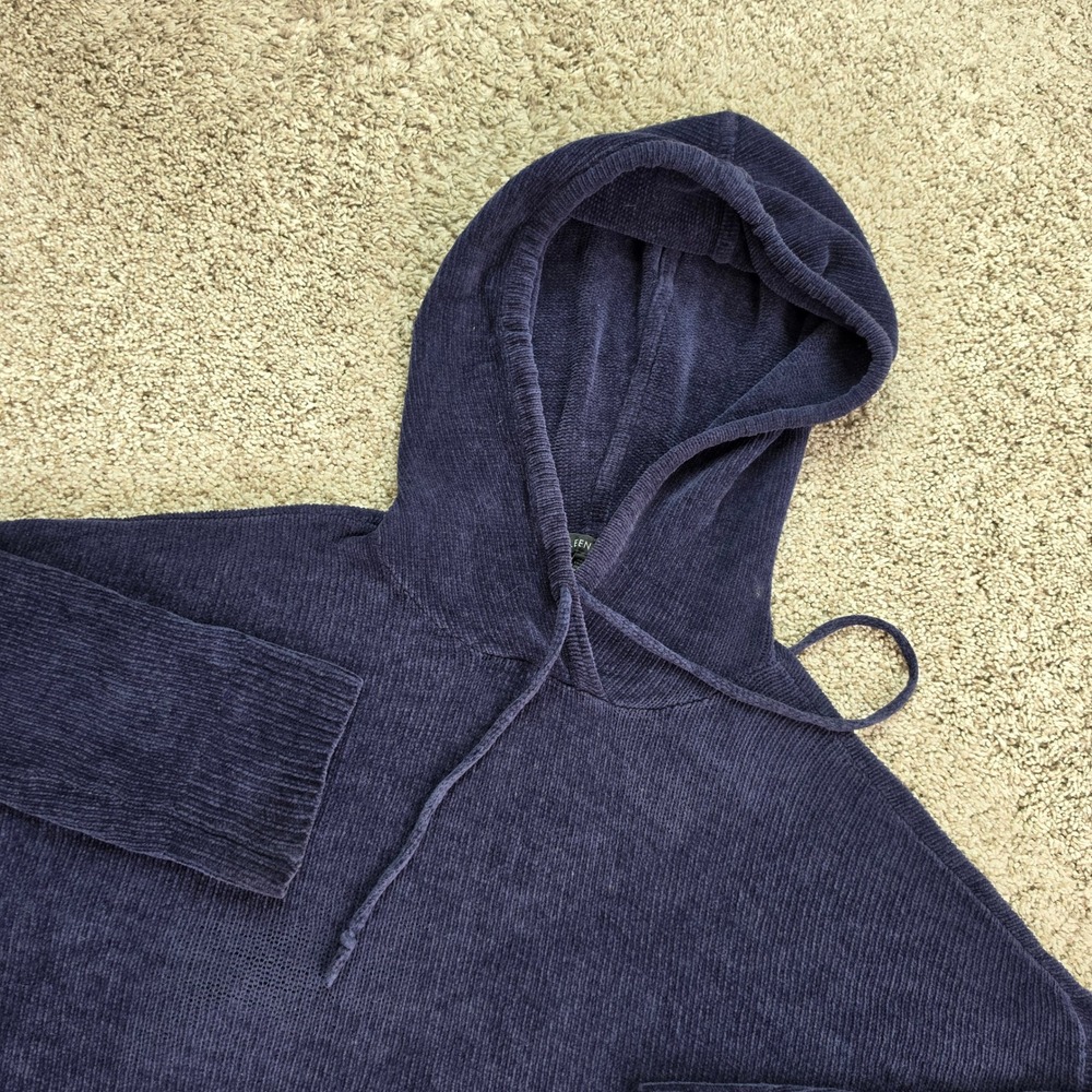 Eileen Fisher Ribbed Hooded Sweater Mens XS Navy Blue Organic Cotton Casual Boxy
